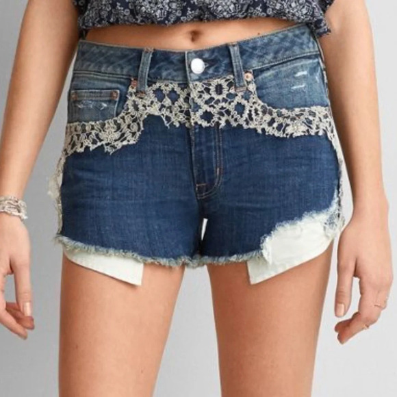 American Eagle Hi Rise Festival Overlay Cut Off Denim Super Stretch Shorts Size6 - Picture 1 of 10